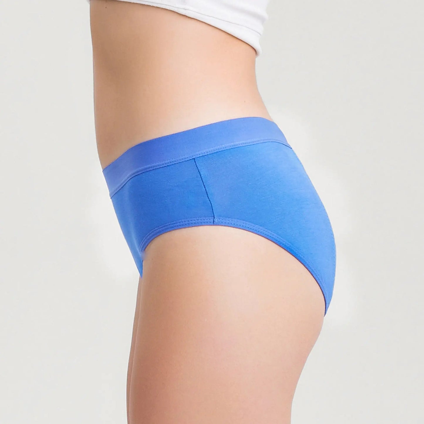 Blauer Inkontinenz-Slip für Damen, Seitenansicht.