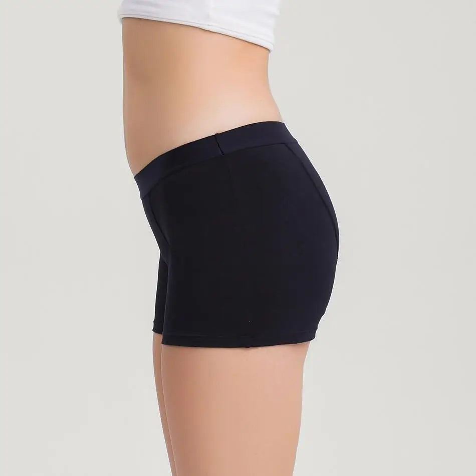 Schwarzer Inkontinenz-Boxer für Damen, Seitenansicht.