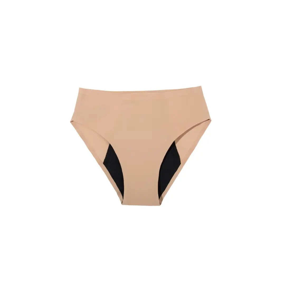 Beige Inkontinenzslip mit hoher Taille für Damen, Vorderansicht.