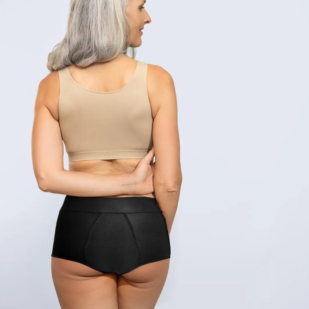 schwarzer hochgeschnittener Inkontinenz-Slip für Damen, Rückansicht