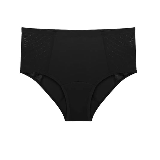 Schwarzer Inkontinenz-Slip mit hoher Taille für Damen, Vorderansicht.