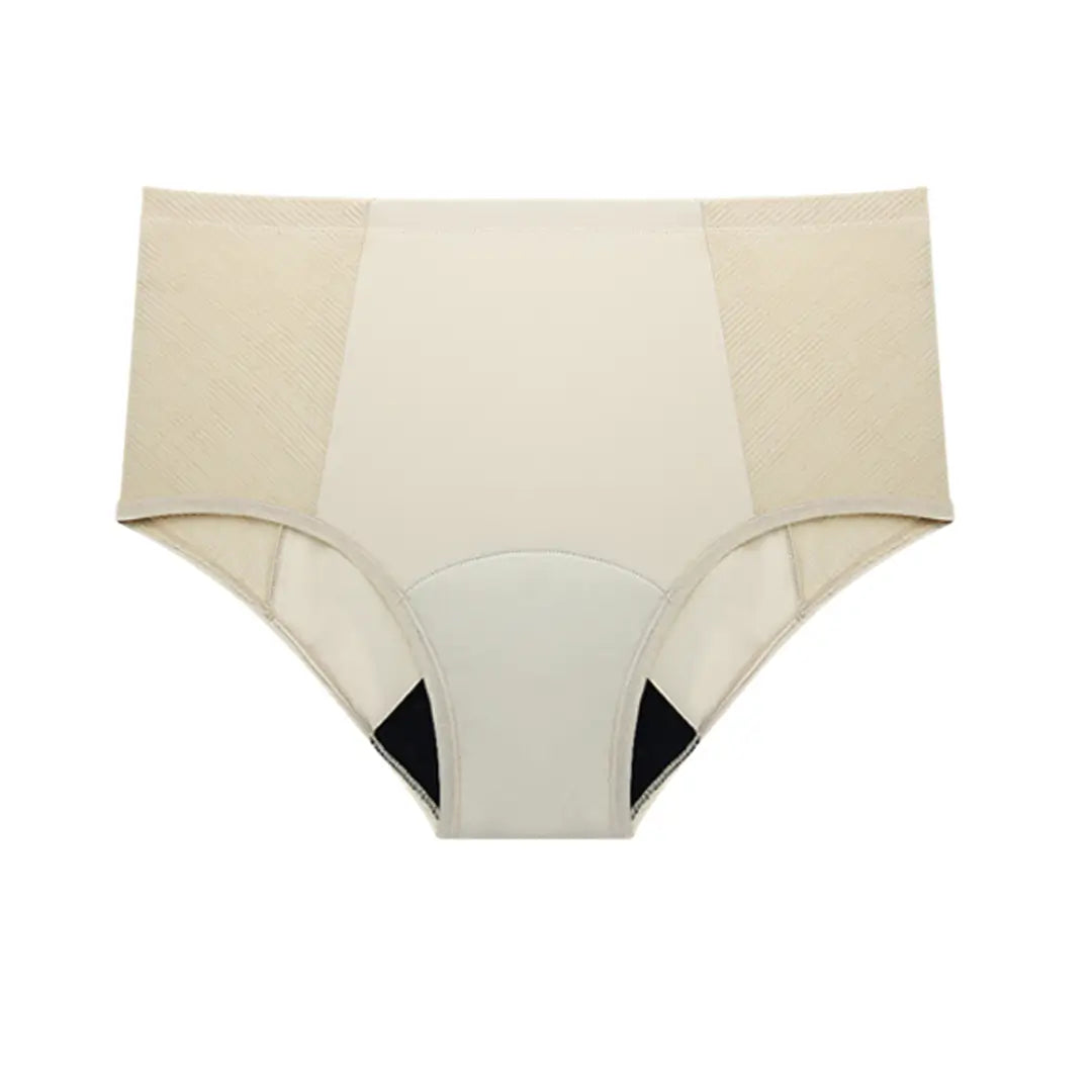 Beiger Inkontinenz-Slip mit hoher Taille für Damen, Vorderansicht.