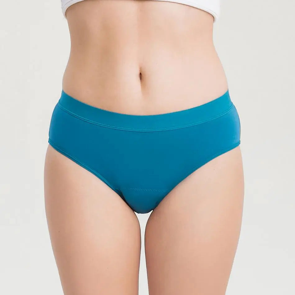 Blauer Inkontinenz-Slip für Damen, Vorderansicht.