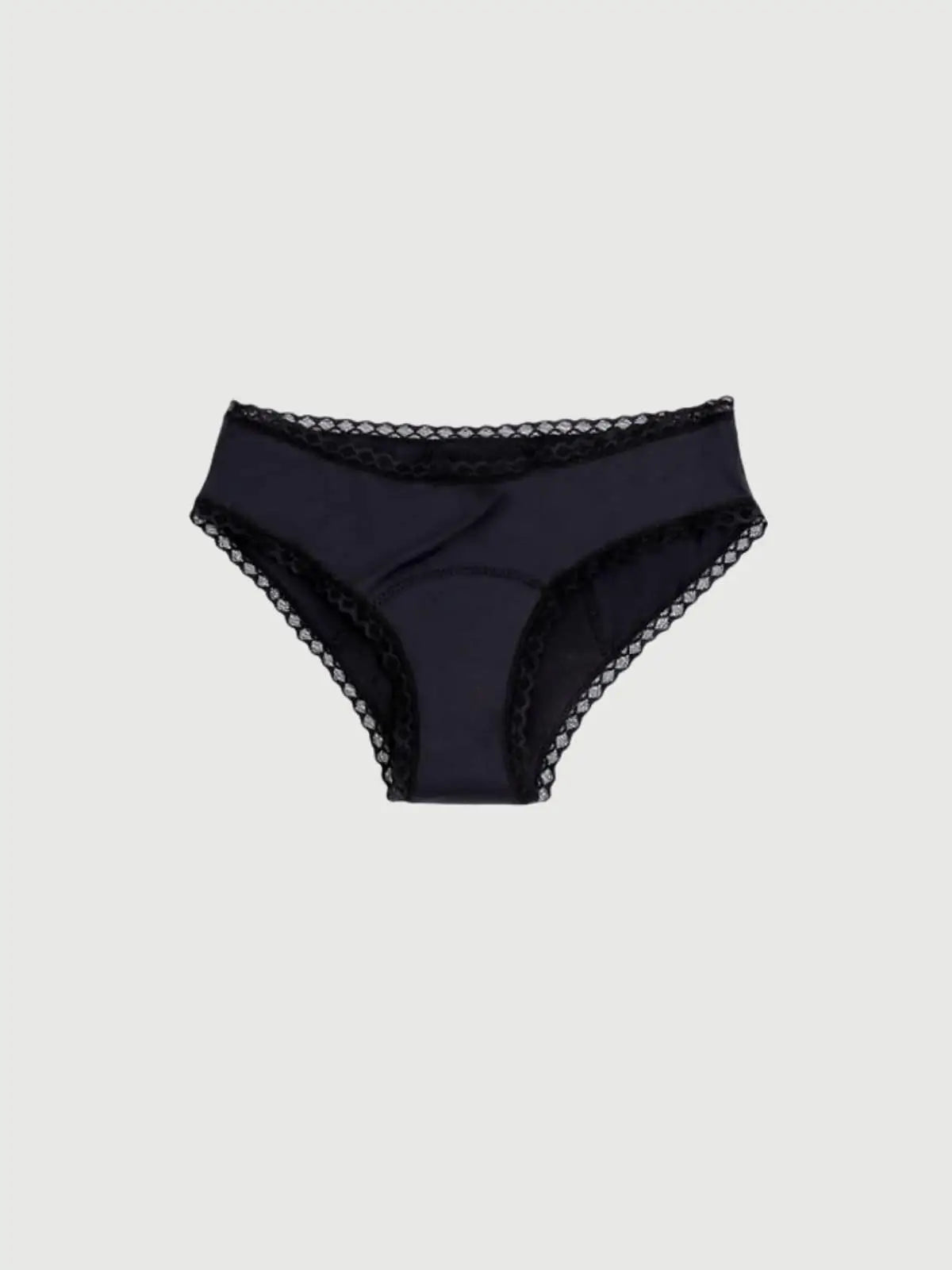 Schwarze Inkontinenz-Culotte mit Spitze für Damen, Vorderansicht.