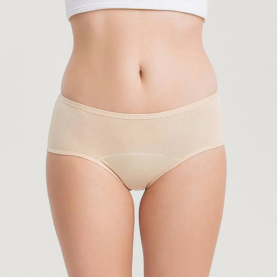 Beige Inkontinenz-Culotte für Damen, Vorderansicht.