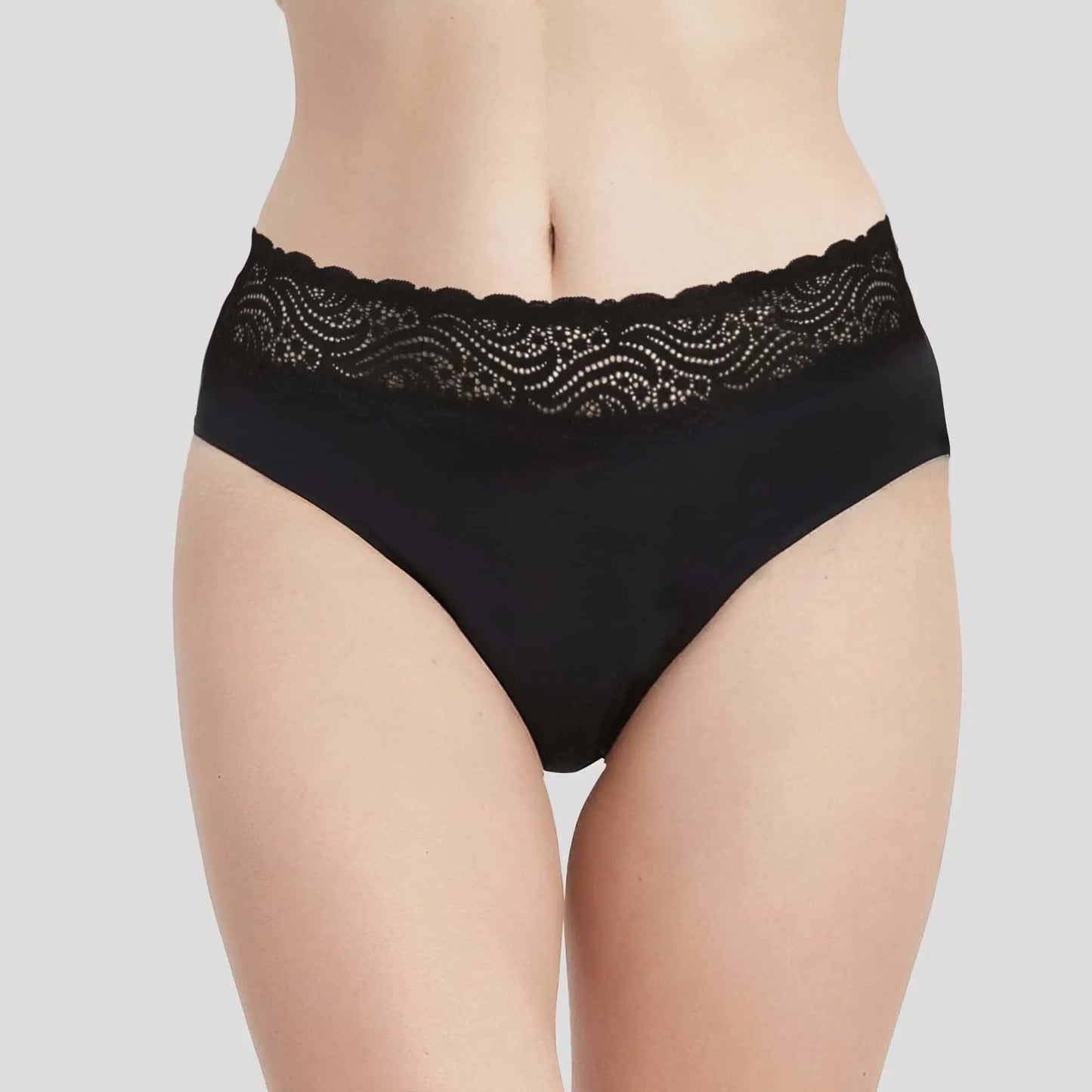 Schwarze hochgeschnittene Inkontinenz-Culotte mit Spitze für Damen, Vorderansicht.