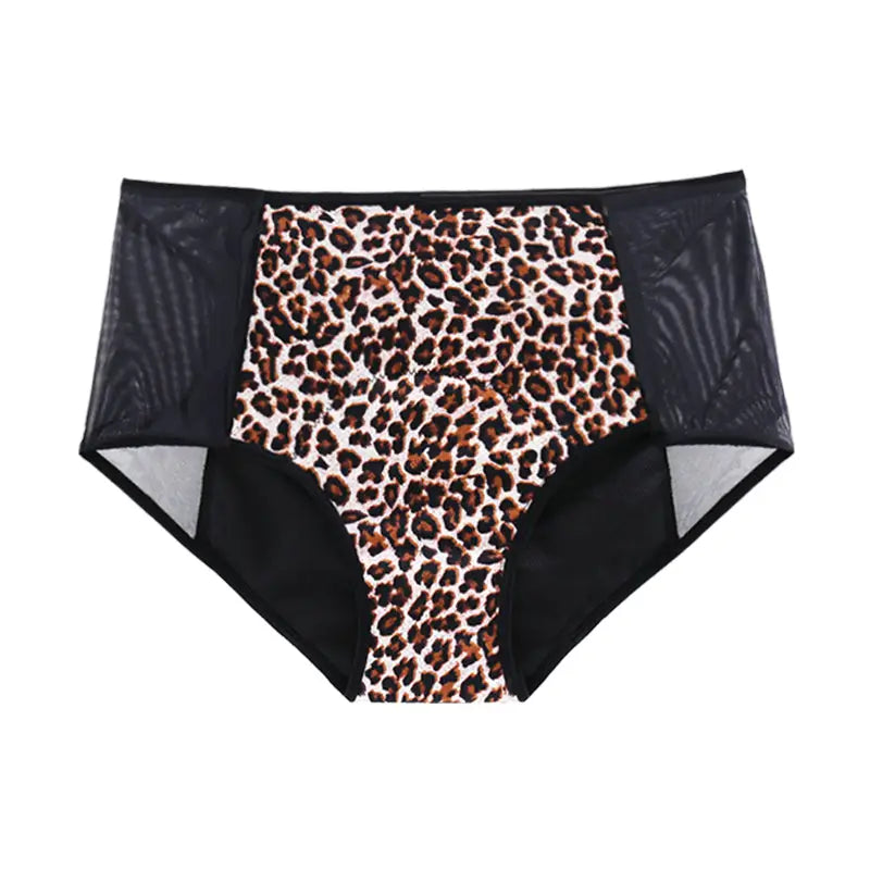Leopardenmuster-Inkontinenzslip mit hoher Taille für Damen, Vorderansicht.