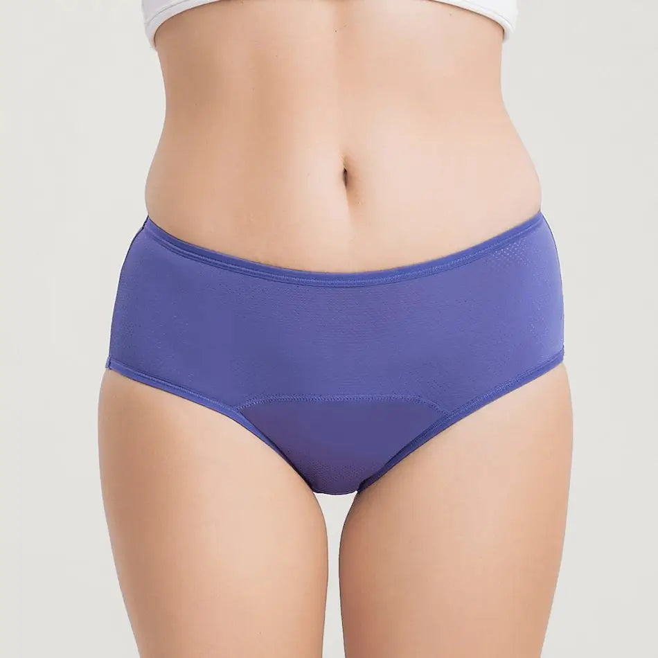 Lila Damen-Inkontinenzslip mit hoher Taille, Vorderansicht.
