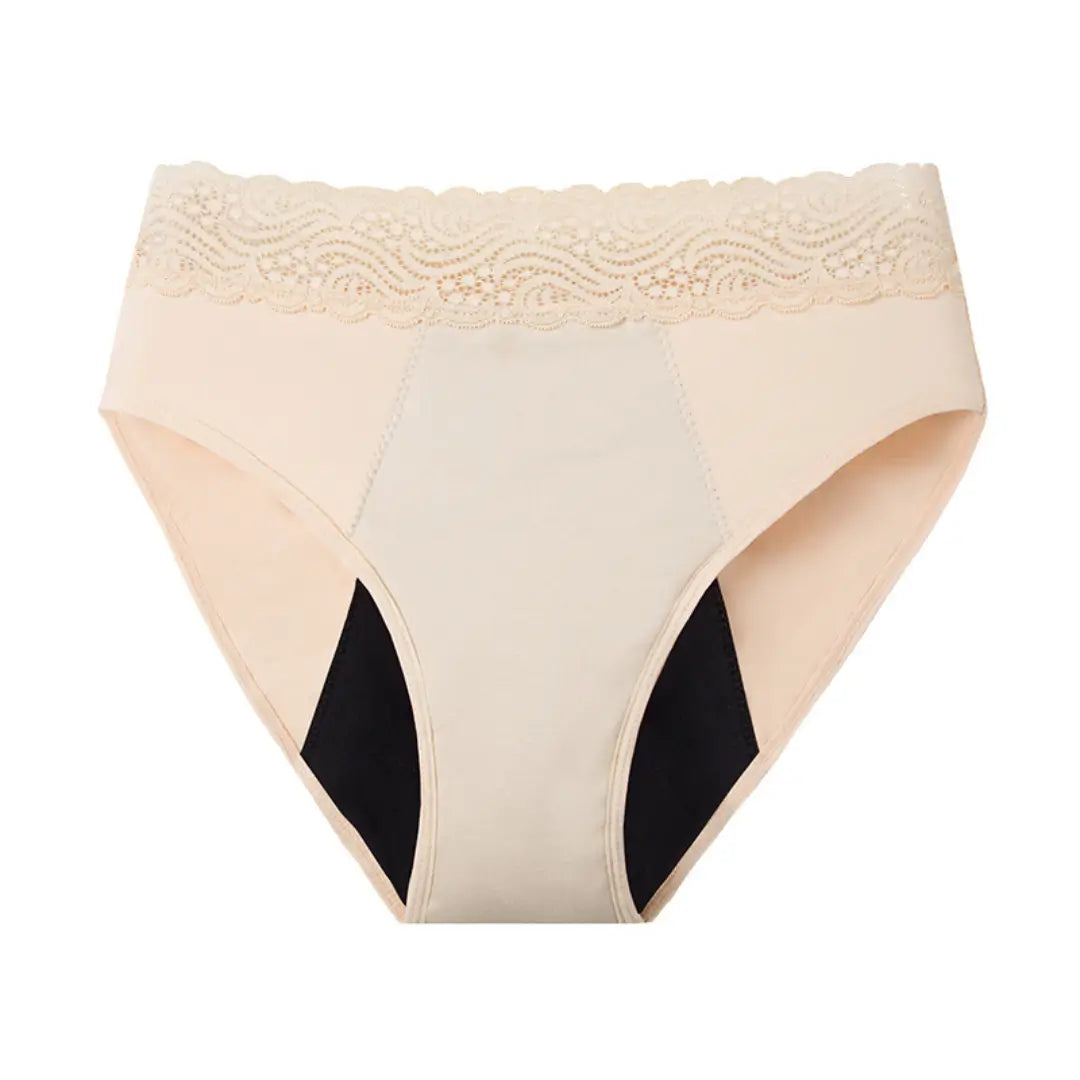 Beiger Inkontinenz-Slip mit hoher Taille und Spitzenbesatz für Damen, Vorderansicht.