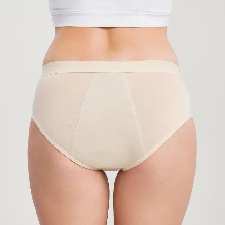 Beige Inkontinenz-Culotte für Damen, Rückansicht.