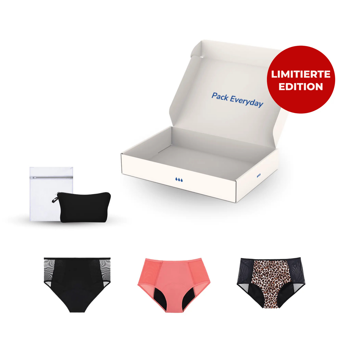 Pack Everyday mit drei hochgeschnittenen Inkontinenzslips für Damen, Vorderansicht.