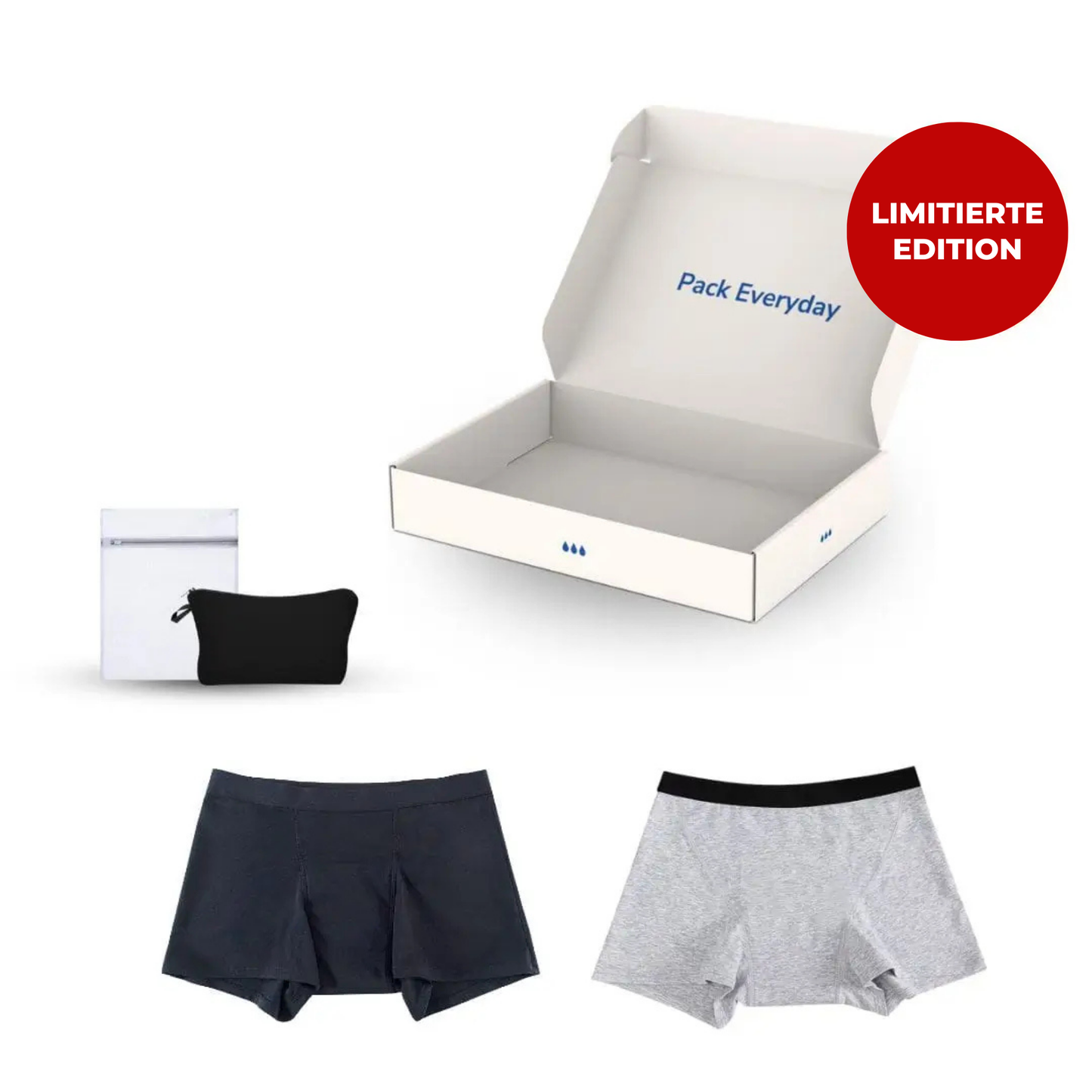 Packung mit schwarzen und grauen Damen-Boxershorts, Vorderansicht.
