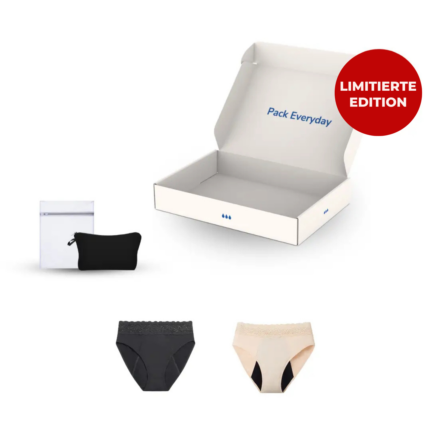Pack mit schwarzem und beigem Inkontinenz-Slip für Damen, Vorderansicht.