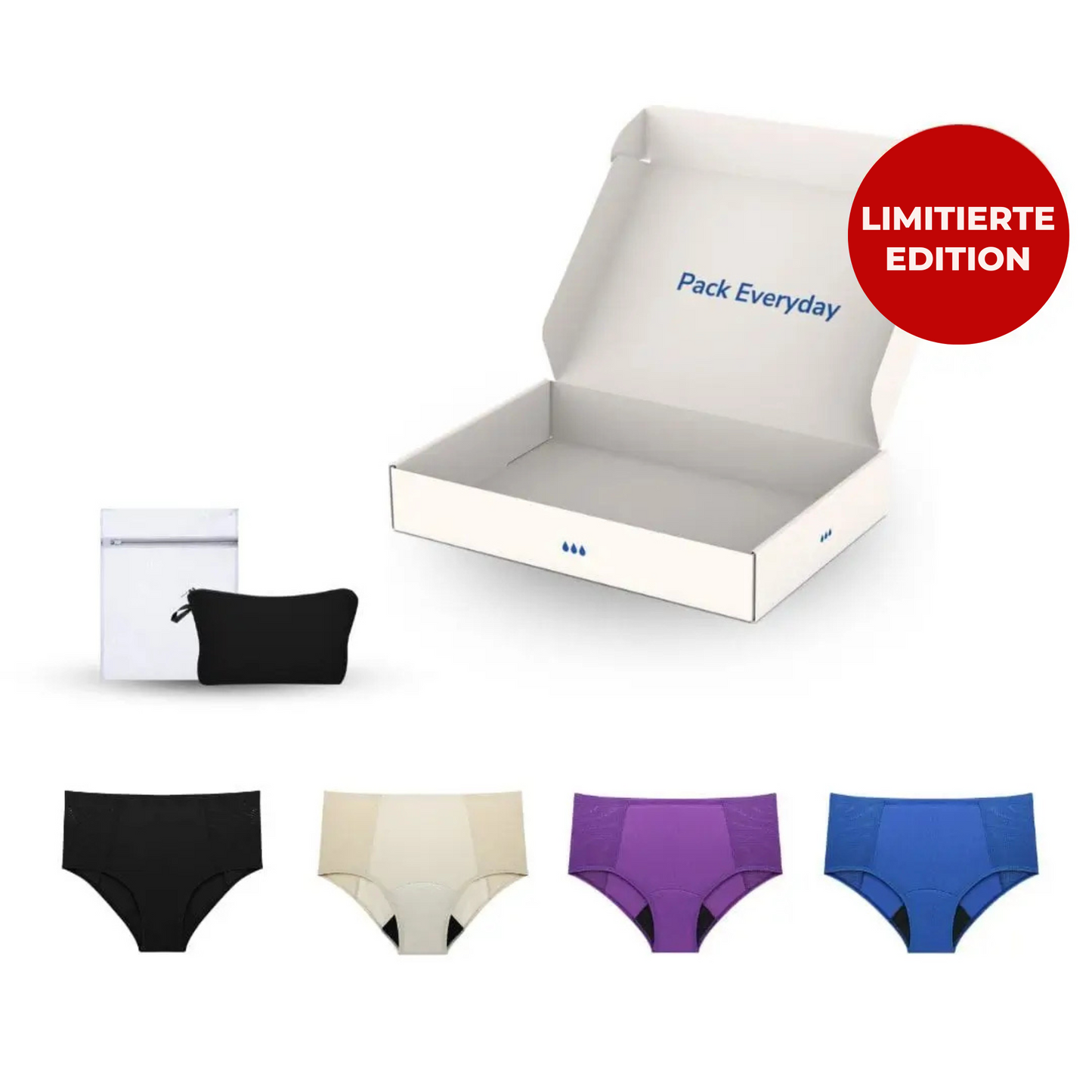 Pack mit vier Damen-Inkontinenzslips in verschiedenen Farben, Vorderansicht.