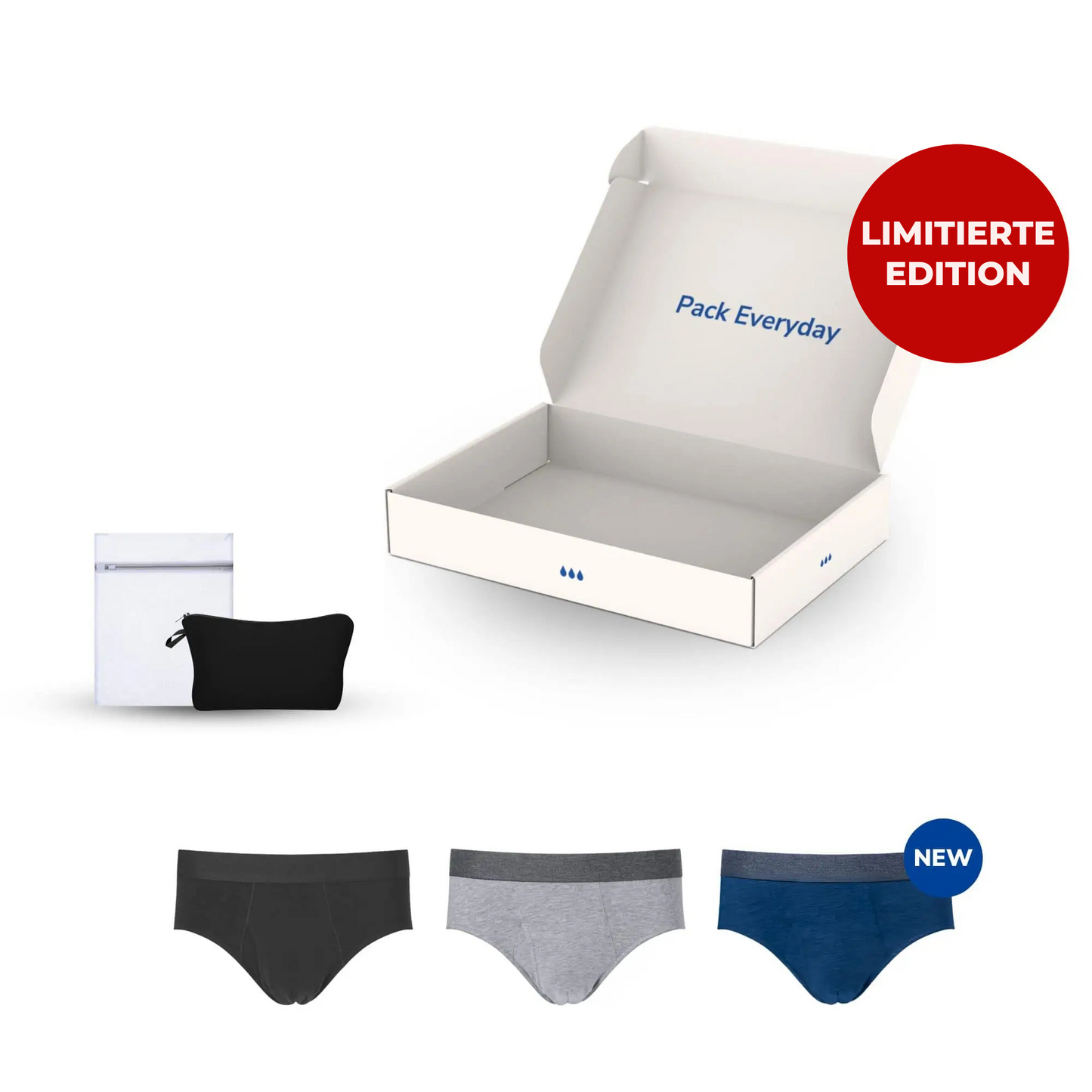 Schwarzer, grauer und blauer Inkontinenz-Slip für Herren, Vorderansicht, mit Waschbeutel und Transporttasche.