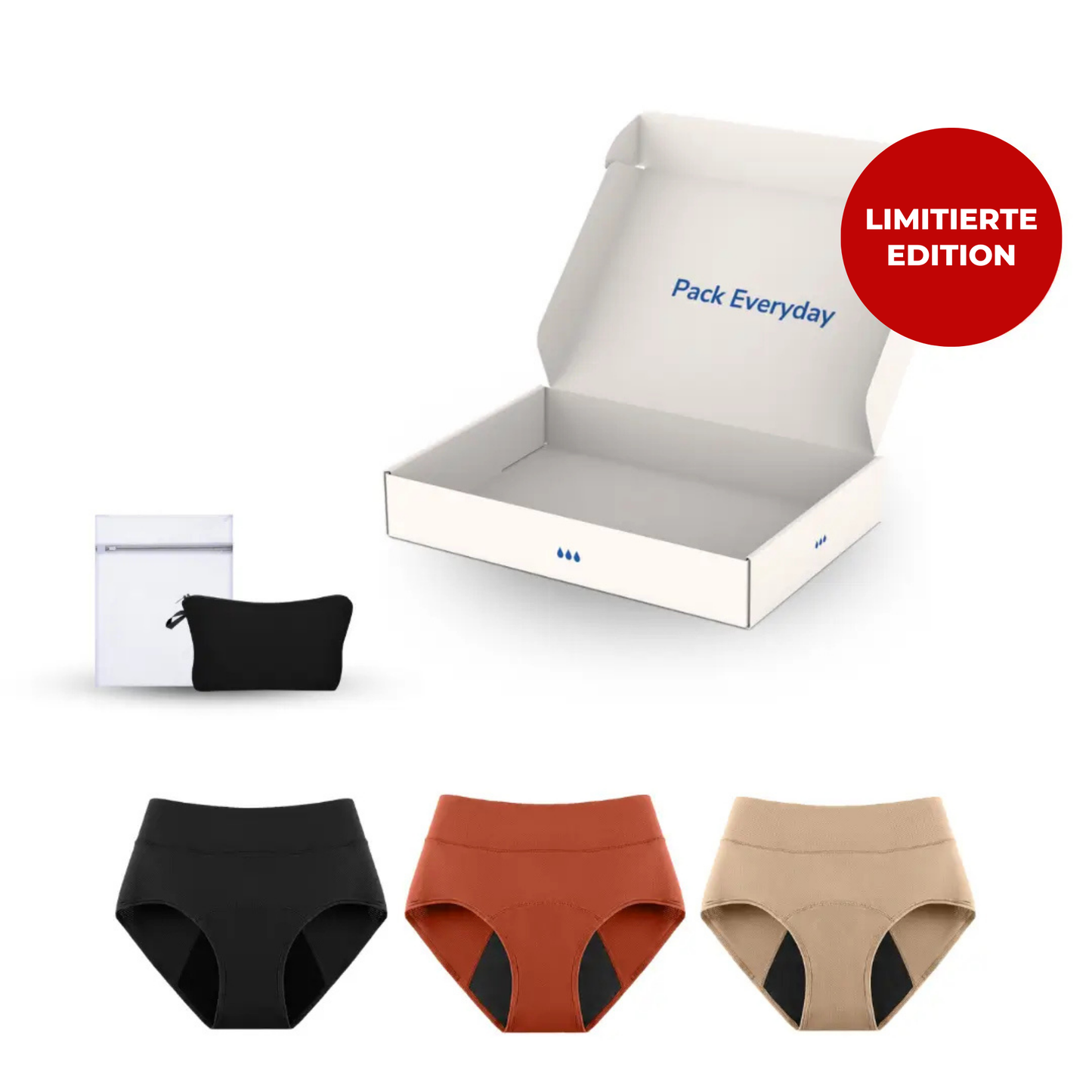 Packung mit hochgeschnittenen Inkontinenzslips für Damen in Schwarz, Orange und Beige, Vorderansicht.