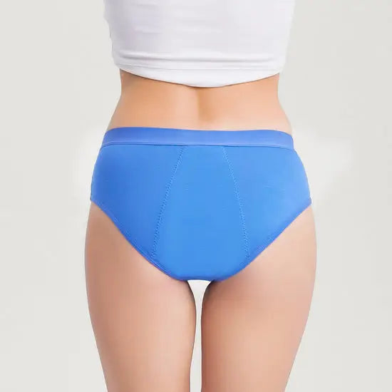 Blauer Inkontinenz-Slip für Damen, Rückansicht.