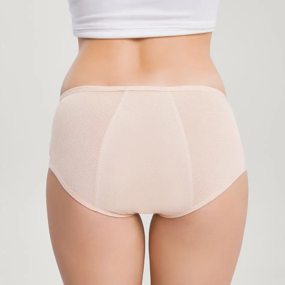 Beige Inkontinenz-Culotte für Damen, Rückansicht.