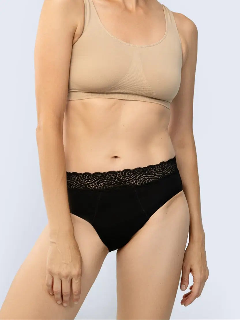 schwarze Inkontinenz-Culotte mit Spitze für Damen, Vorderansicht