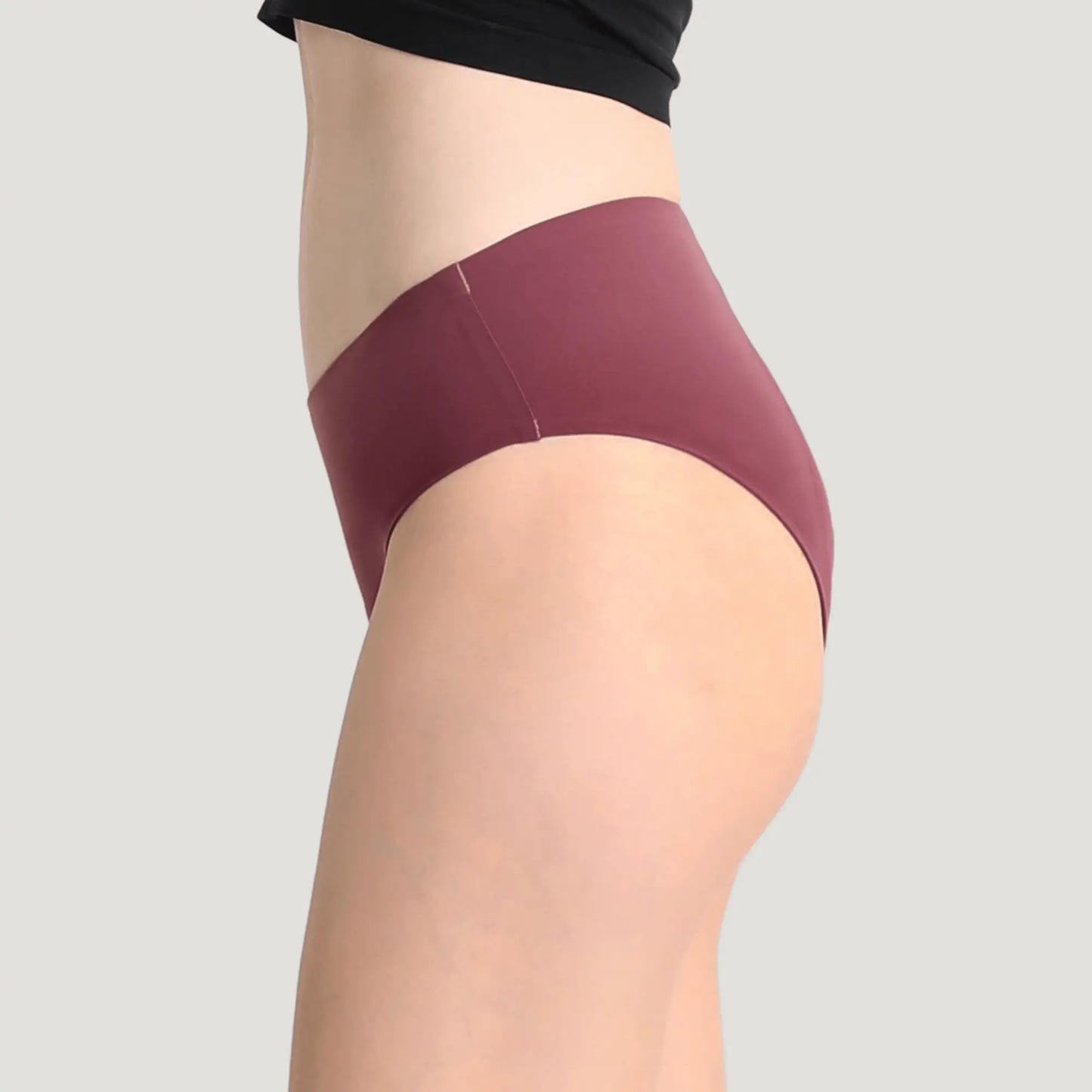 Bordeauxfarbene Inkontinenz-Culotte für Damen, Seitenansicht.