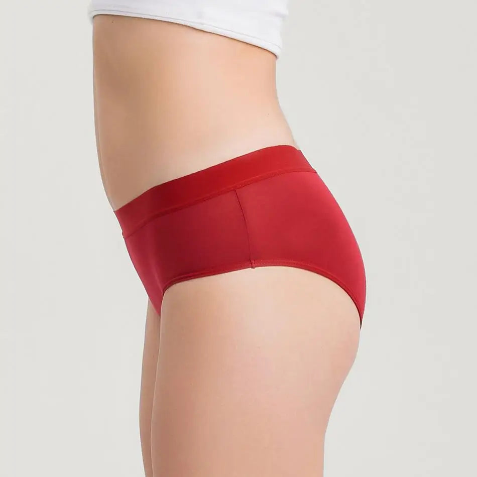 Roter Inkontinenz-Slip für Damen, Seitenansicht.