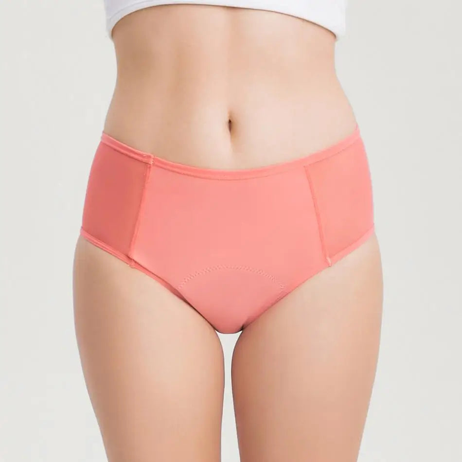 Korallenrote Inkontinenz-Culotte für Damen, Vorderansicht.