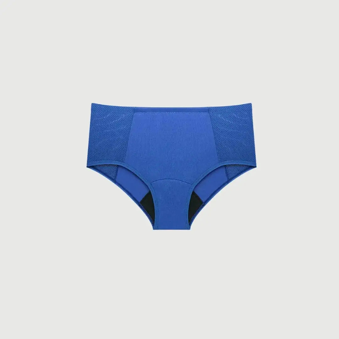 Blauer Inkontinenz-Slip mit hoher Taille für Damen, Vorderansicht.
