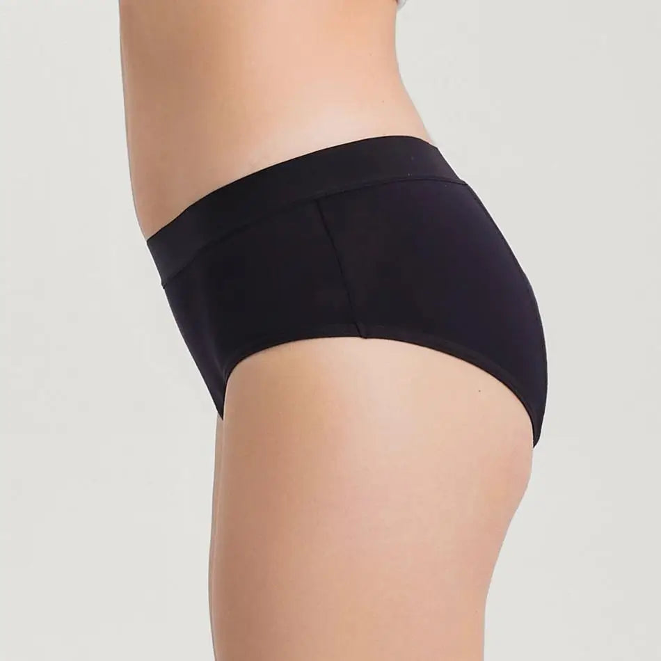 Schwarze Inkontinenz-Culotte für Damen, Seitenansicht.