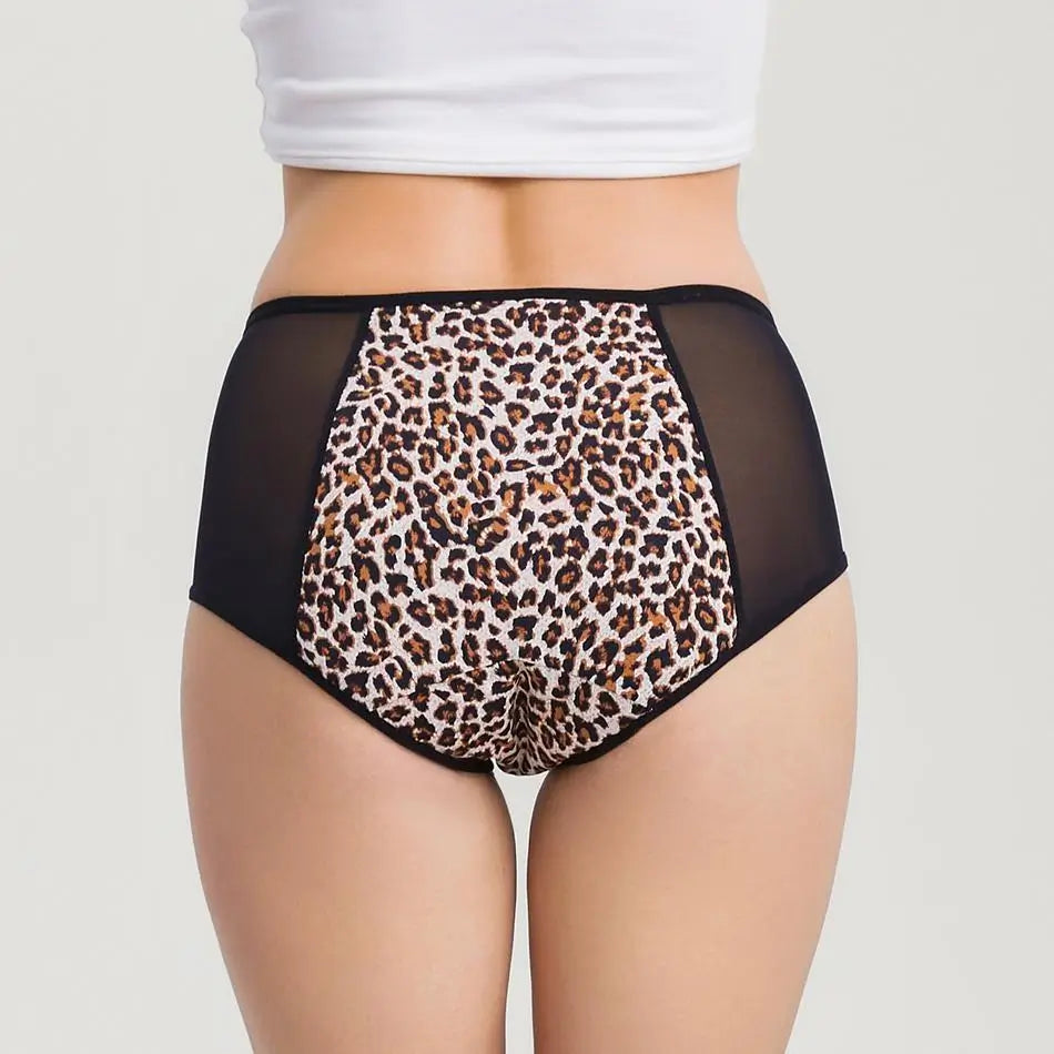 Leopardenmuster-Inkontinenzslip für Damen, Rückansicht.