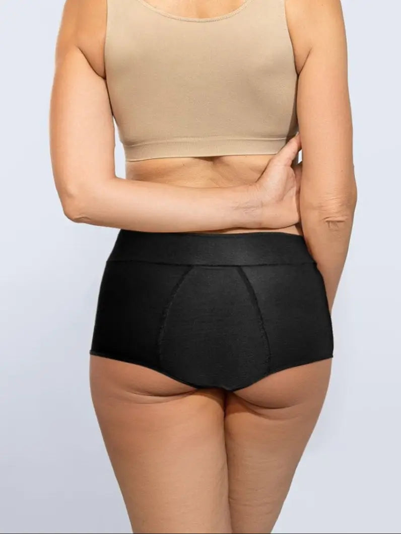 Schwarze, hochtaillierte Inkontinenz-Culotte für Damen, Rückansicht.