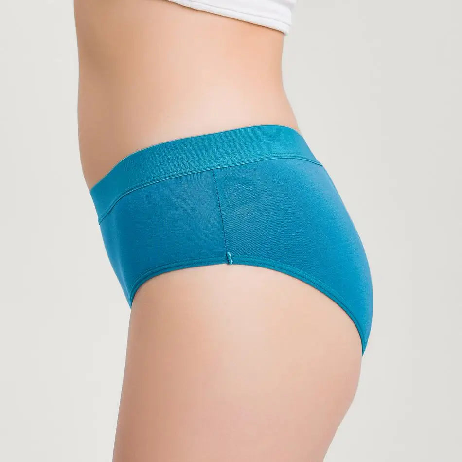 Blaues Inkontinenz-Slip für Damen, Seitenansicht.