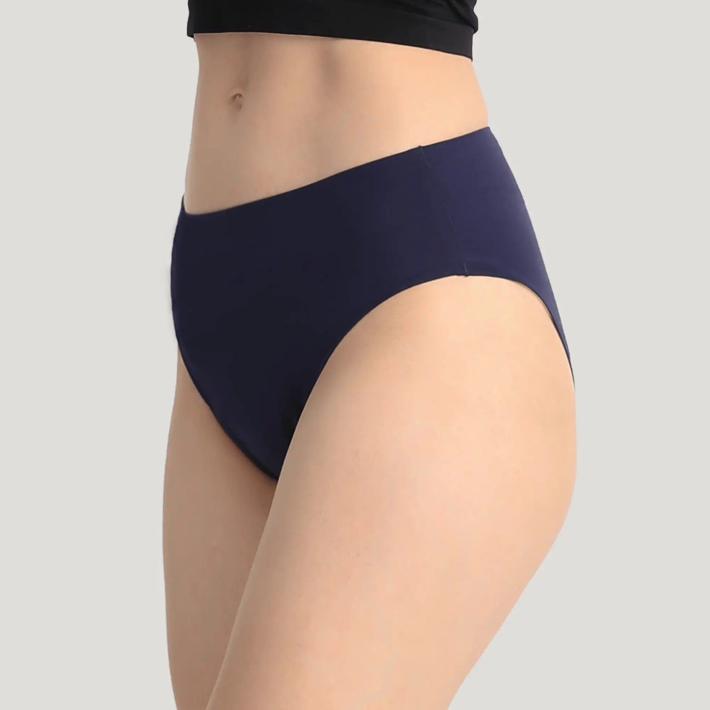 Dunkelblaue Inkontinenz-Culotte für Damen, Seitenansicht.