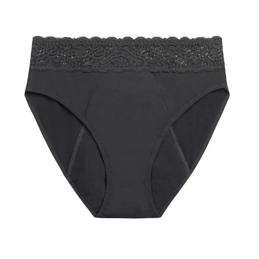 Schwarzer, hochgeschnittener Inkontinenz-Slip mit Spitze für Damen, Vorderansicht.