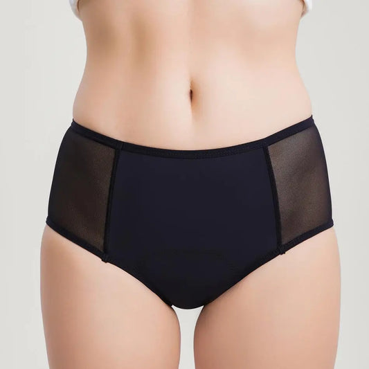 Schwarze Inkontinenz-Taille-Hochslip für Damen mit Netzdetails, Vorderansicht.