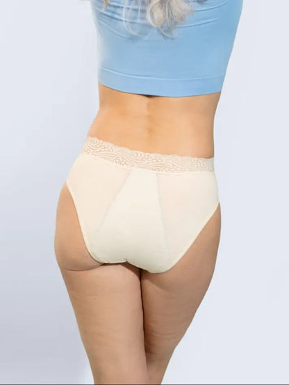 Beige Inkontinenz-Culotte mit hoher Taille für Damen, Rückansicht.