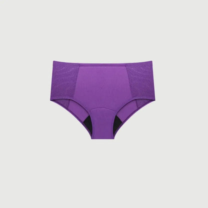 Lila Inkontinenz-Slip mit hoher Taille für Damen, Vorderansicht.
