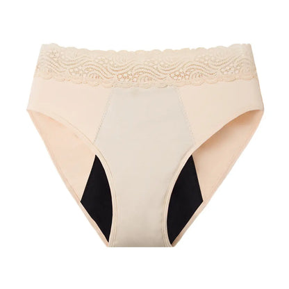 Beiger Inkontinenz-Slip mit hoher Taille und Spitzenbesatz für Damen, Vorderansicht.