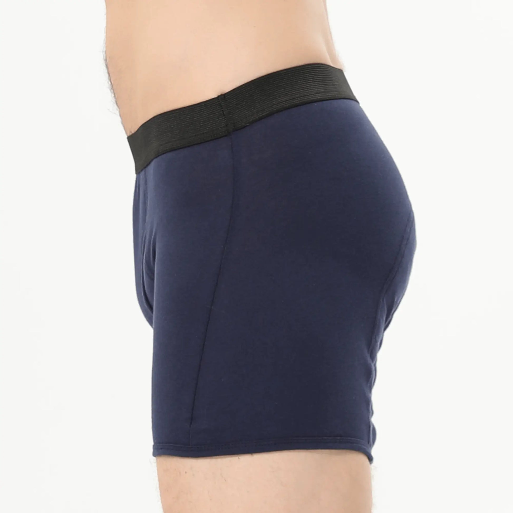 Navyblauer Inkontinenz-Boxer für Herren, Seitenansicht.