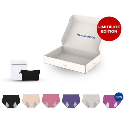 Pack Everyday mit fünf Inkontinenzslips für Damen in verschiedenen Farben, Vorderansicht.