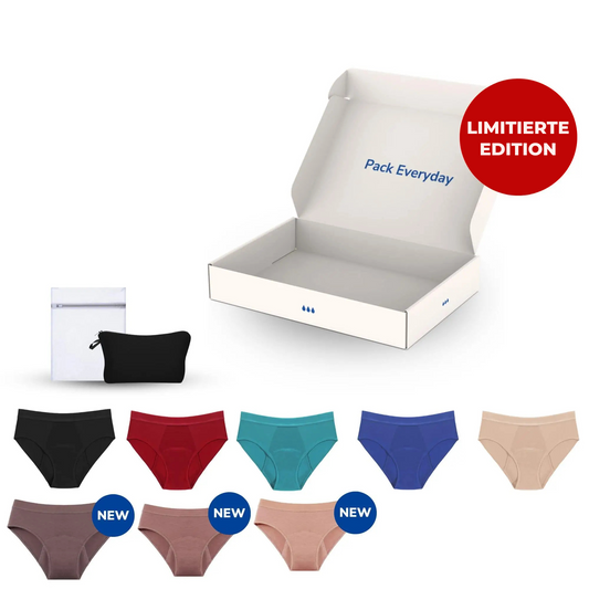 Packung mit verschiedenen farbigen Inkontinenzslips für Damen, Vorderansicht.