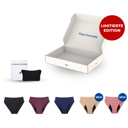 Packung mit fünf hochgeschnittenen Inkontinenzslips für Damen in verschiedenen Farben, Vorderansicht.