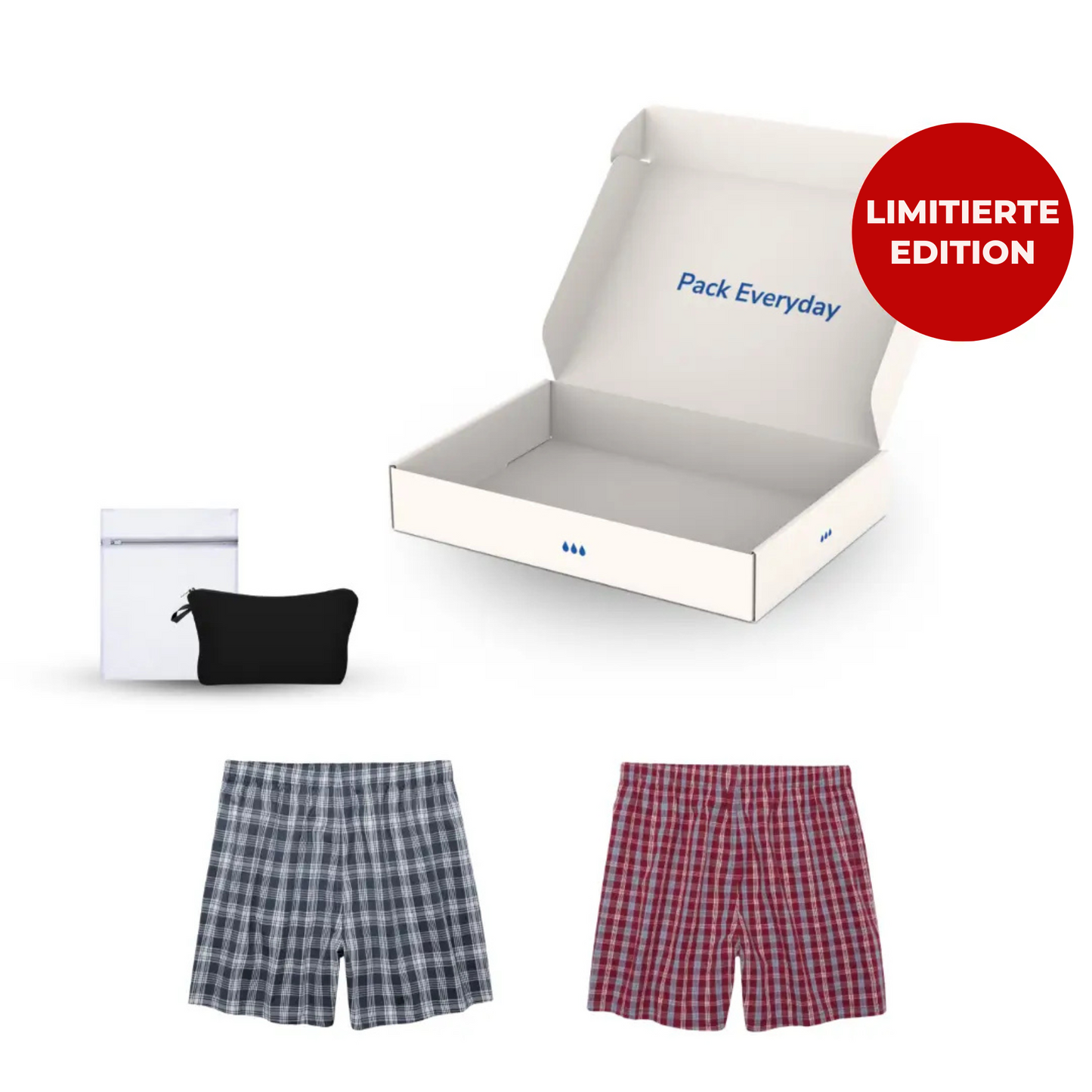 Packung mit zwei karierten Herren-Boxershorts, blau und rot, Vorderansicht.