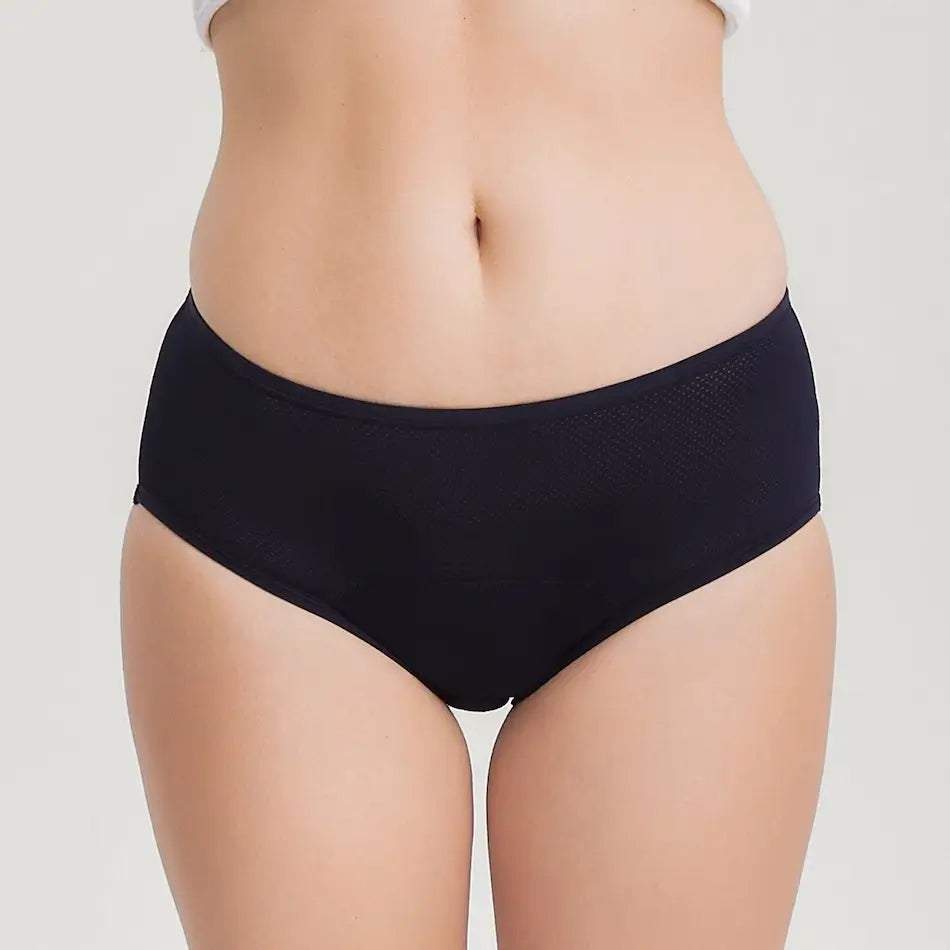 Schwarzer Inkontinenz-Slip für Damen, Vorderansicht.