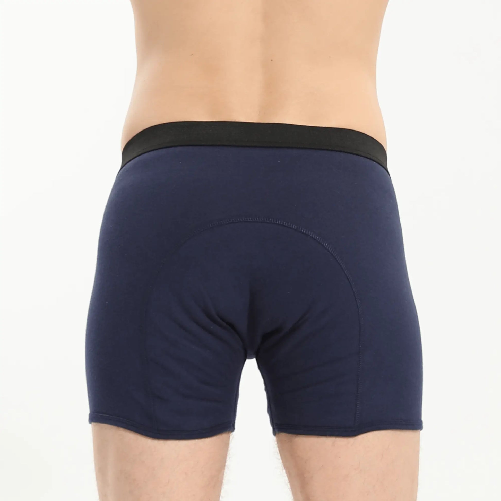 Blauer Inkontinenz-Boxer für Herren, Rückansicht.